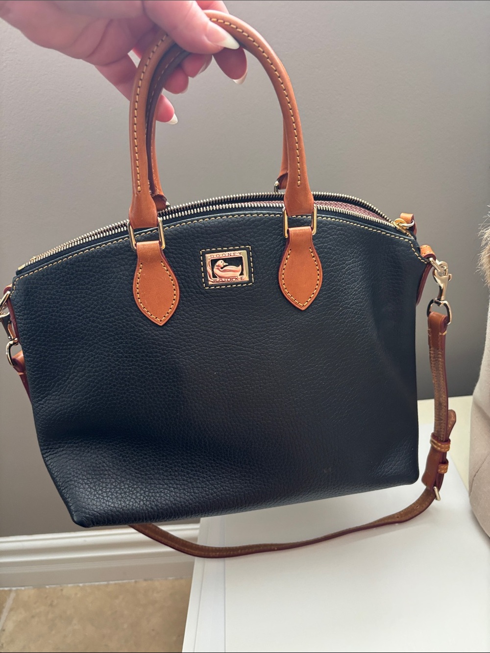 Dooney & Bourke Black Pebbled Satchel with Tan Handles
